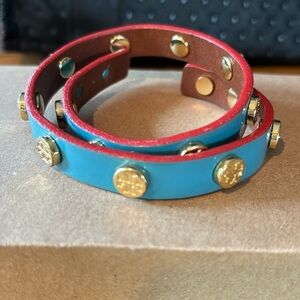 Tory Burch blue leather double wrap bracelet